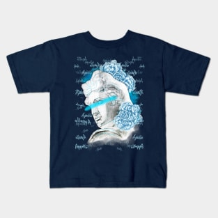 Apollo head statue with a blue peony flowers and buds on a black background. Kids T-Shirt